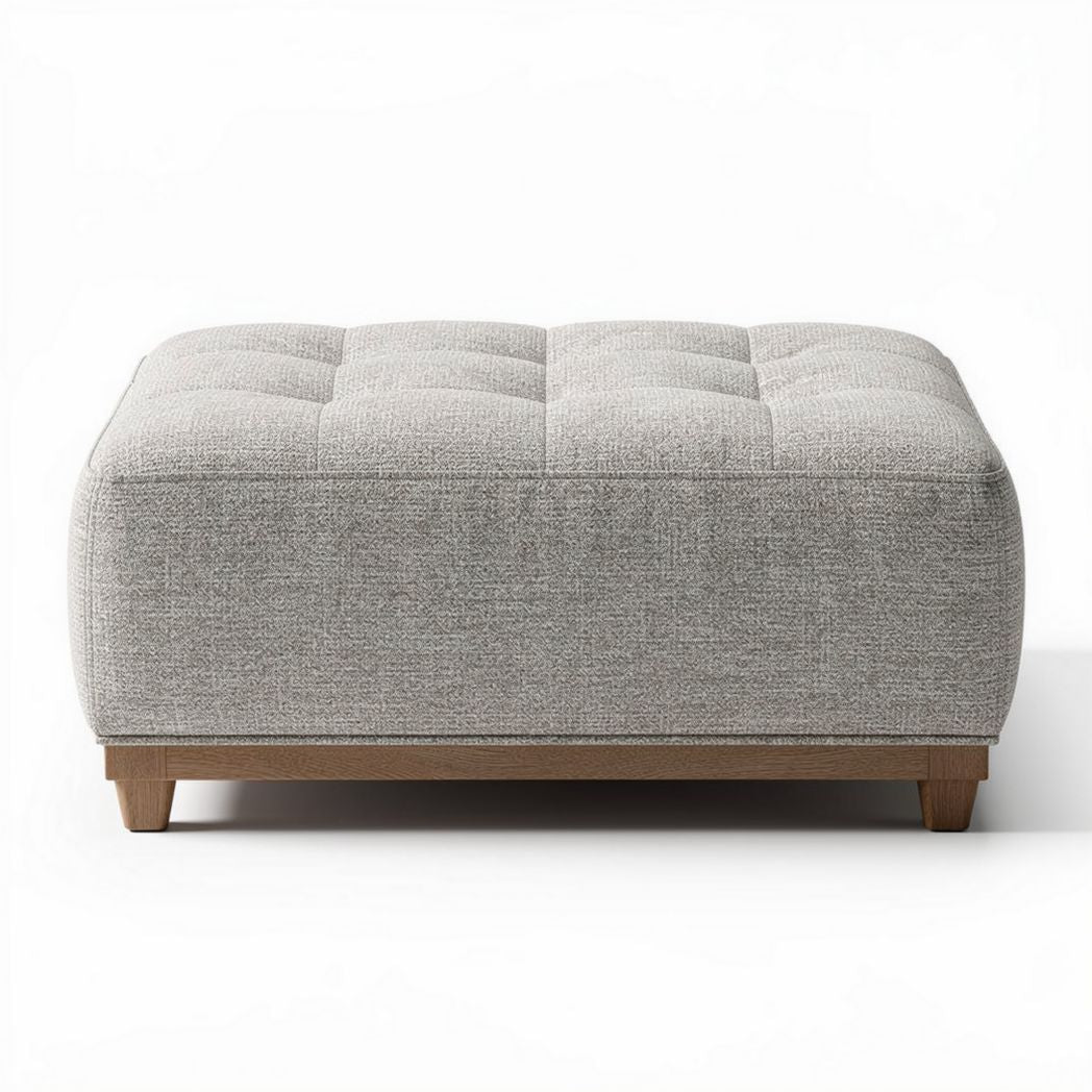 Gray fabric ottoman with tufted design and wooden legs 70 x 70 x 35cm