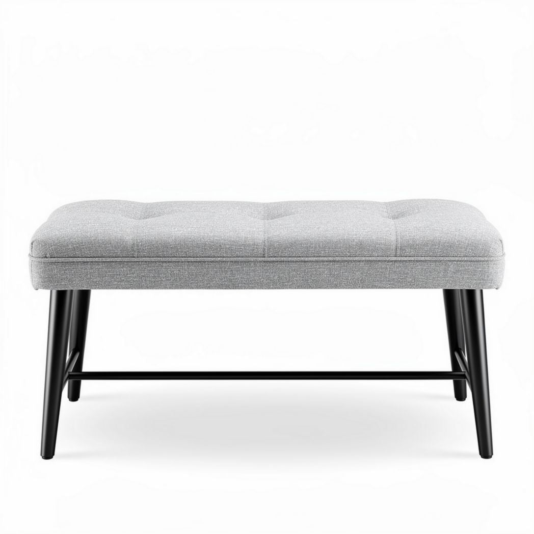 Gray upholstered ottoman bench with black metal legs 80 x 40 x 40cm
