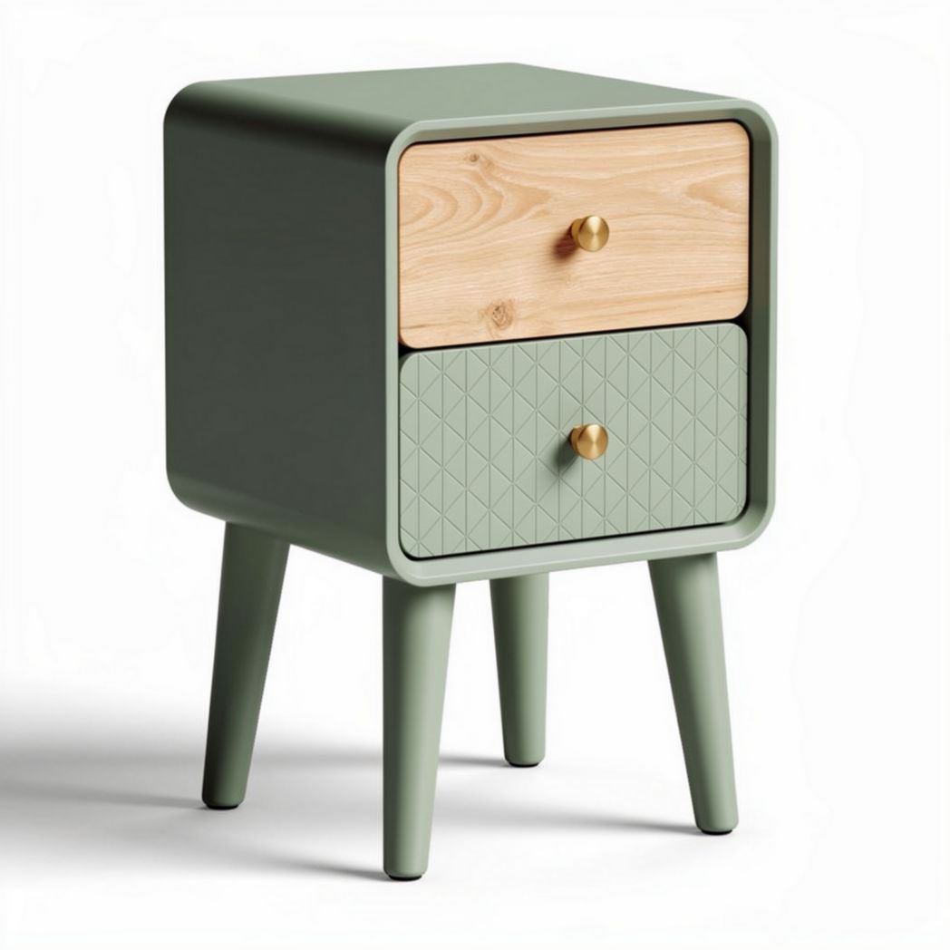 Green and wood nightstand with two drawers and geometric pattern 40 x 40 x 55cm