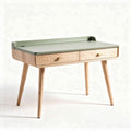 Wooden desk with two drawers green top and natural wood legs 120 x 60 x 75cm