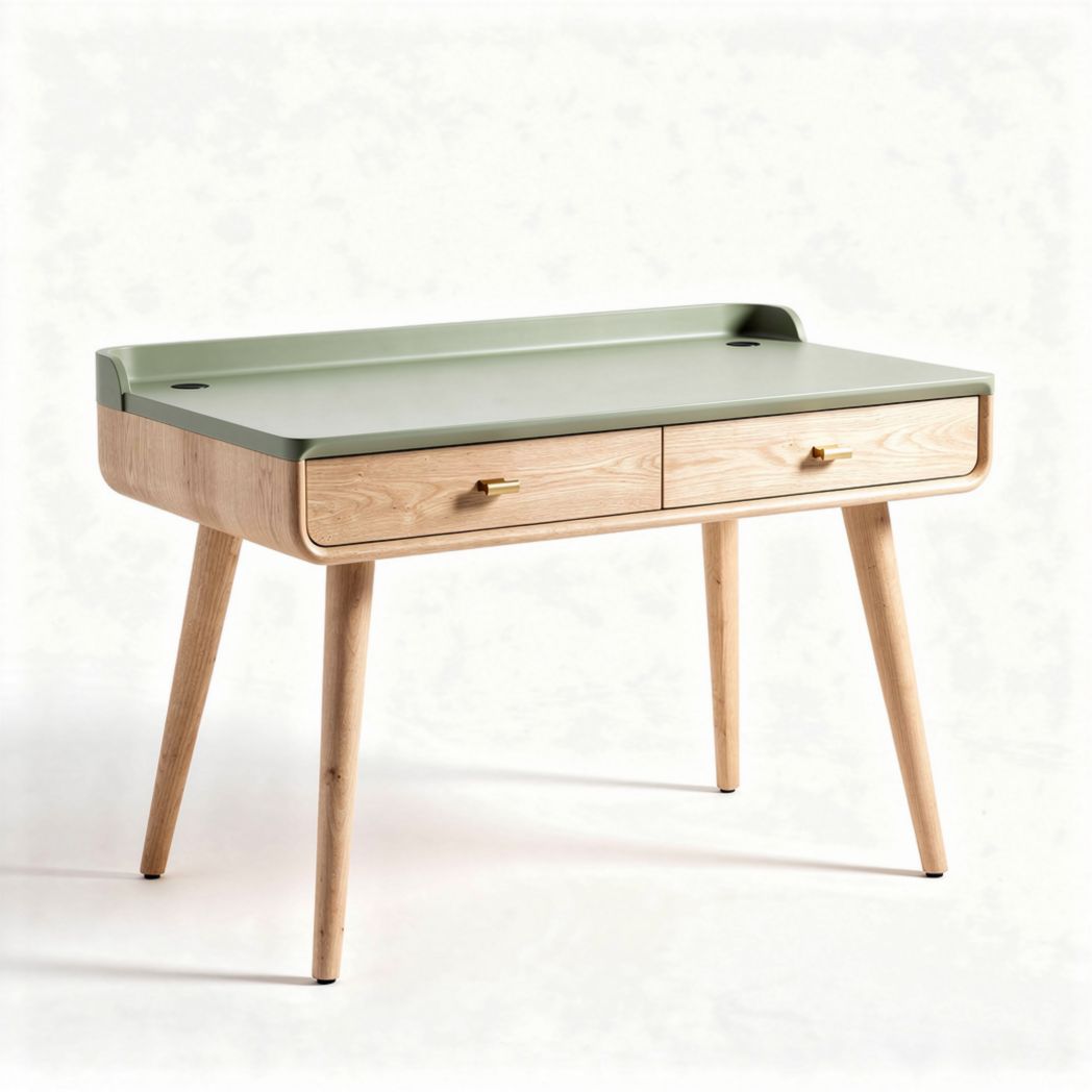Wooden desk with two drawers green top and natural wood legs 120 x 60 x 75cm