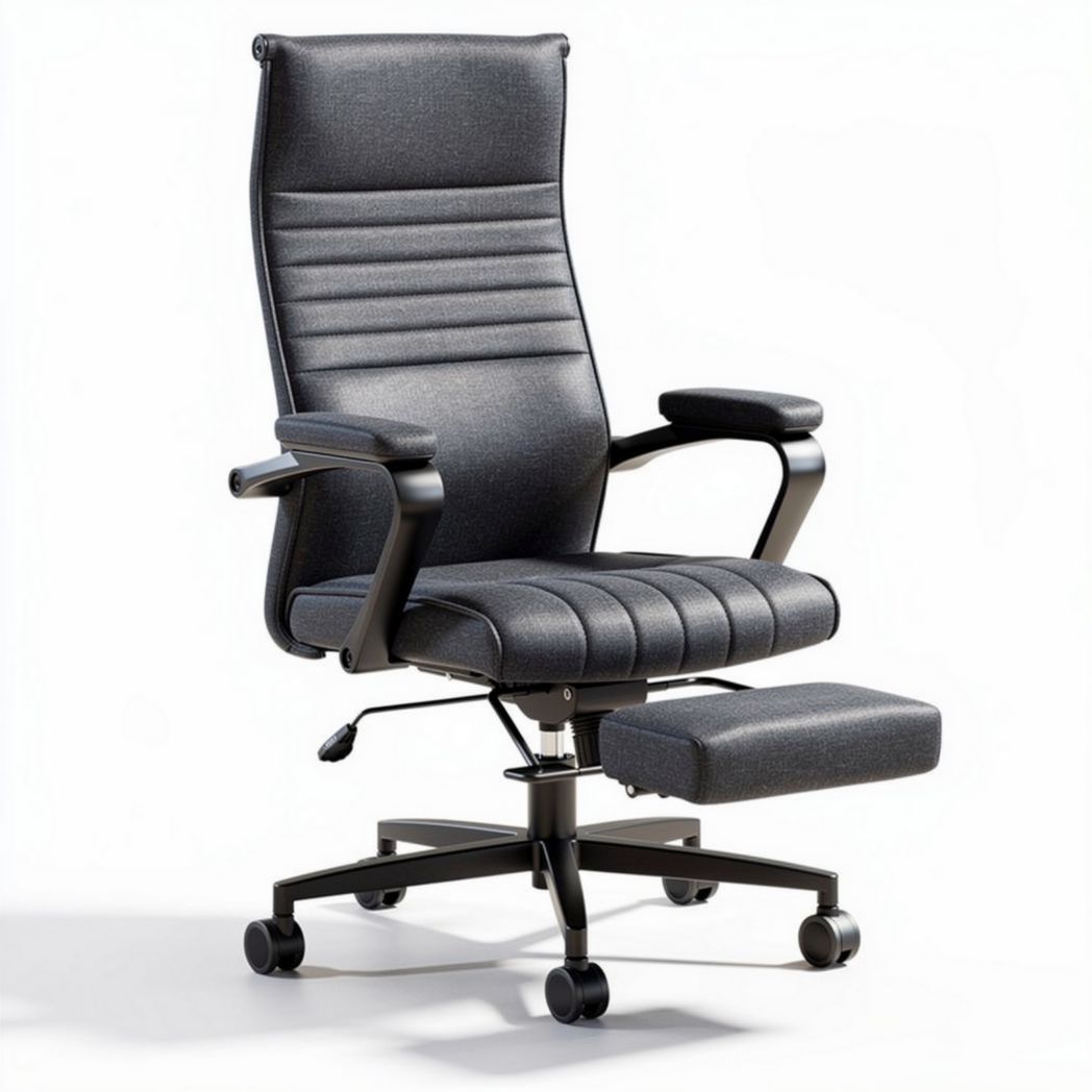 Ergonomic office chair with adjustable footrest upholstered in beige fabric
