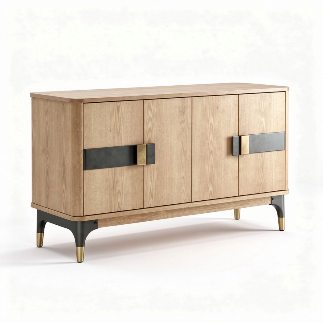 Oak sideboard with black metal accents and gold legs 120 x 40 x 75cm